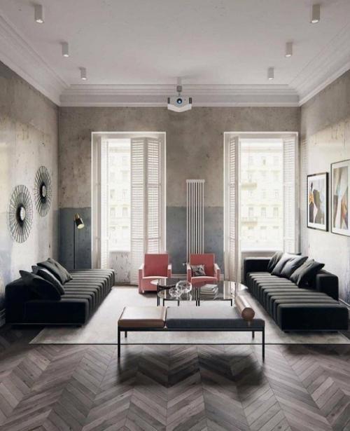 Необычный интерьер. Стильный и современный, несмотря на отделку стен. 01