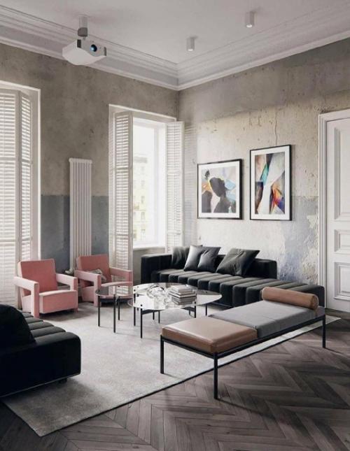 Необычный интерьер. Стильный и современный, несмотря на отделку стен.