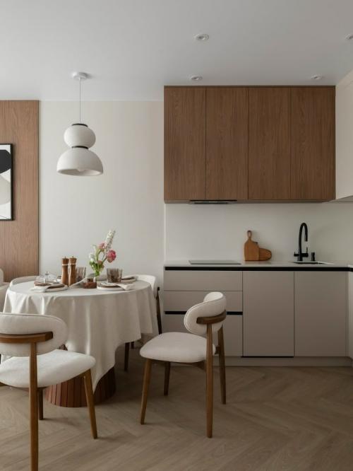 Тёплый интерьер небольшой квартиры с акцентом на тёмное дерево. 05