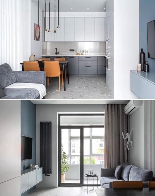 В проекте этой квартиры светло-серые и голубые оттенки преобладают. 02