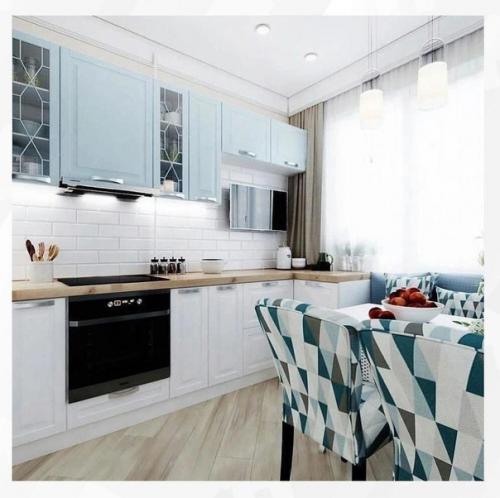 Просторная кухня с нежно-голубыми акцентами. 02