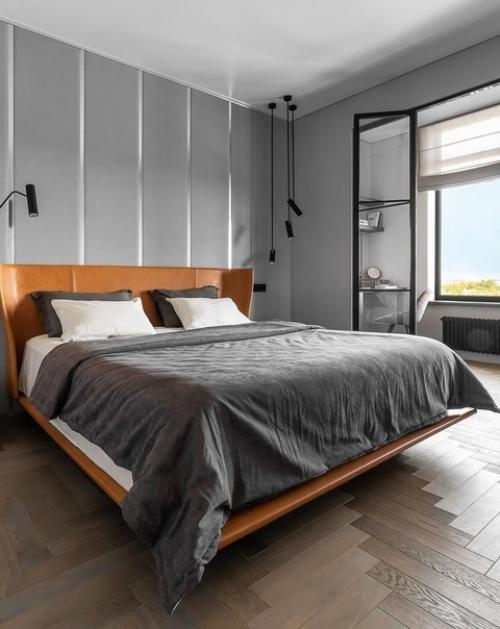 Современный интерьер квартиры в серых тонах с оранжевыми акцентами. 01