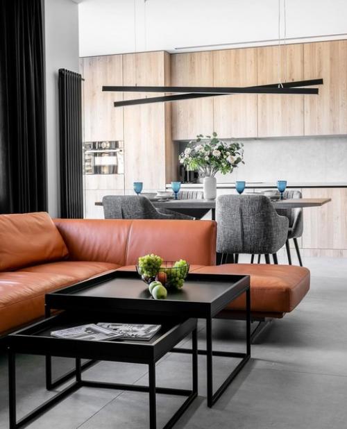 Современный интерьер квартиры в серых тонах с оранжевыми акцентами. 04