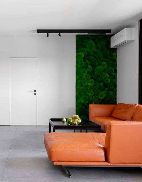 Современный интерьер квартиры в серых тонах с оранжевыми акцентами. 02