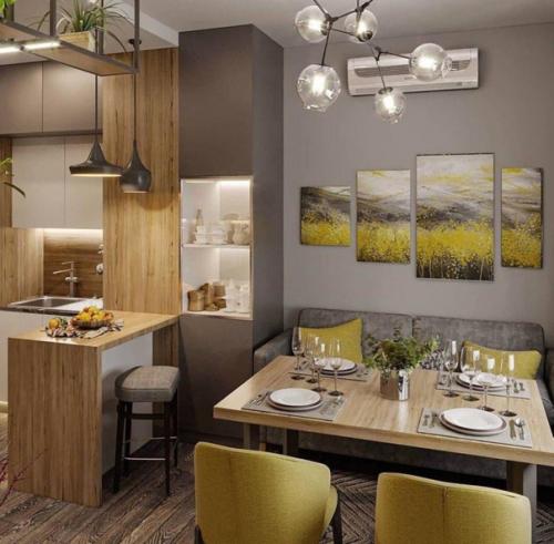 Кухня - гостиная с необычным дизайном.